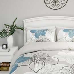 Juego de edredón y funda de almohada de 3 piezas, relleno alternativo de plumón, estampado floral azul y blanco, Full Queen