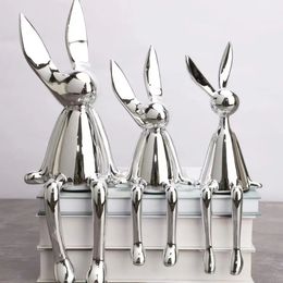 3 pièces créatif brillant lapin Statue décor à la maison moderne nordique Animal résine Art Sculpture artisanat bureau galvanisé ornement 240123