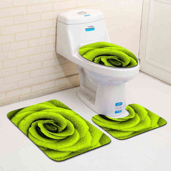 3 pièces élégant fleur verte confort tapis de salle de bain tapis ensemble doux antidérapant avec support tapis de bain tapis contour tapis couvercle de toilette 211109