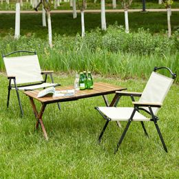 3-delige opvouwbare buitentafel en twee stoelen roll-up square voor outdoor camping picknicks strand achtertuin bbq patio bruin beige lichtgewicht aluminium