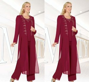 3 stuk fuchsia chiffon moeder van de bruid broek pakken met jas voor bruiloft elegante avond formele slijtage feestjes op maat gemaakt