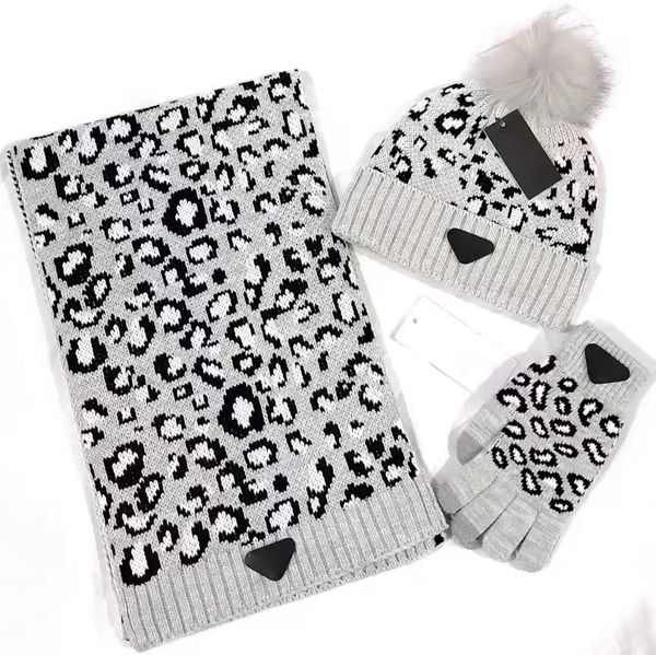 Guantes de 3 piezas Sombrero y bufanda Gorros de diseño Mantón Sombreros de diseñador Bufandas Gorro de lana Bufandas envolventes Gorro de diseñador cálido Regalo de Navidad Estampado de leopardo