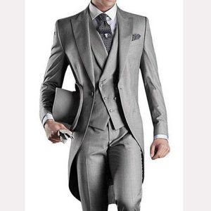 3 pièces gris hommes queue manteau avec Double boutonnage gilet Slim Fit mariage smoking pour marié personnalisé mâle mode vêtements ensemble X0909