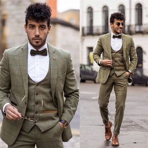 3-delig knappe groene plaid wol blend heren pak nieuwe mode bruidegom pak formele bruiloft pakken voor de beste mannen slim fit bruidegom smoking voor de mens