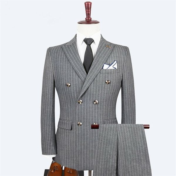 3 pièces beau Pinstripe gris hommes costumes formel mode mariage Tuxedos Slim Fit marié porter pour homme