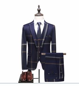 3 Stuk (Jas + Vest + Broek) Custom Made Nevy Blauw Mannen Pakken Tailor Made Pak Bruiloft Mannelijke Slim Fit Plaid Zakelijke Tuxedo