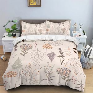 3 -delige matte polyester stof beddengoed set huid vriendelijk warm en comfortabel verse beige met planten wilde bloemenpatronen 240329