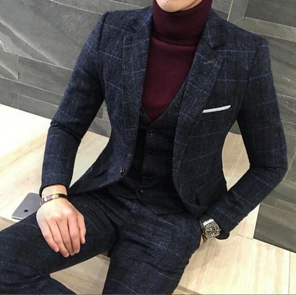 Trajes de 3 piezas para hombre, abrigo, pantalón, diseños, azul real, traje para hombre, Otoño Invierno, grueso, ajustado, a cuadros, vestido de boda, esmoquin