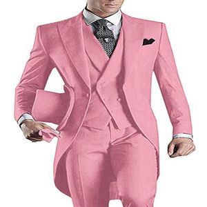 3 Pièce Rose Hommes Tailcoat Costumes Marié Tuxedos Peak Revers Hommes Costume pour Mariage Prom Party Dîner Blazer Gilet Veste Pantalon Ves236C