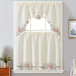 3 -delige polyester beige bloemen geborduurde raamgordijnen - perfect voor huisdecoratie in slaapkamer, woonkamer, keuken meer