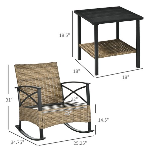 Ensemble de bistrot en osier à bascule de 3 pièces, ensemble de meubles de patio extérieur avec deux chaises de rocker de porche, coussins, table basse à deux niveaux