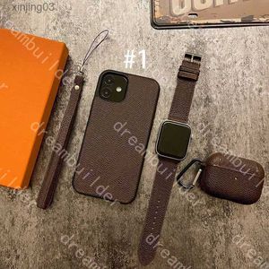 Ensemble de 3 pièces coques de téléphone de mode pour iPhone 14 13 12 Pro max mini 11 11Pro X XS XR XSMAX cuir PU AirPods couverture bracelet de montre design Costume xinjing03