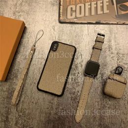 3-delige set Luxe telefoonhoesjes voor iPhone 14 15 Pro max 13 12 11 mini 15Plus 14Promax X XS XR XSMAX PU lederen oortelefoonhoes designer horlogeband horlogebanden Pak