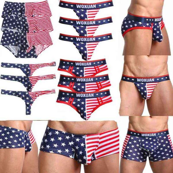 3 pièces Sexy hommes slips jockstrap glisse Hombre sous-vêtements drapeau américain rayure imprimé string G-String Gay culotte Boxershorts H1214