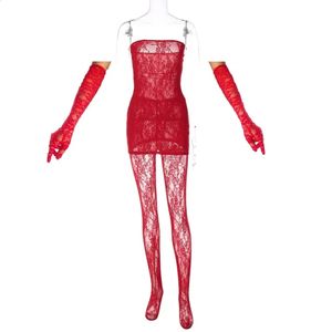 3 pièces Sexy Women Mini Robe en dentelle avec leggings et gants Ensemble assorti Voir à travers des robes de club de fête rouge