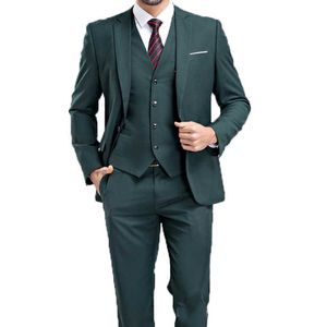 Trajes de hombre de 3 piezas ajustados para boda, esmoquin de novio verde oscuro con solapa con muescas, chaqueta informal de moda para hombre, pantalones, chaleco X0909