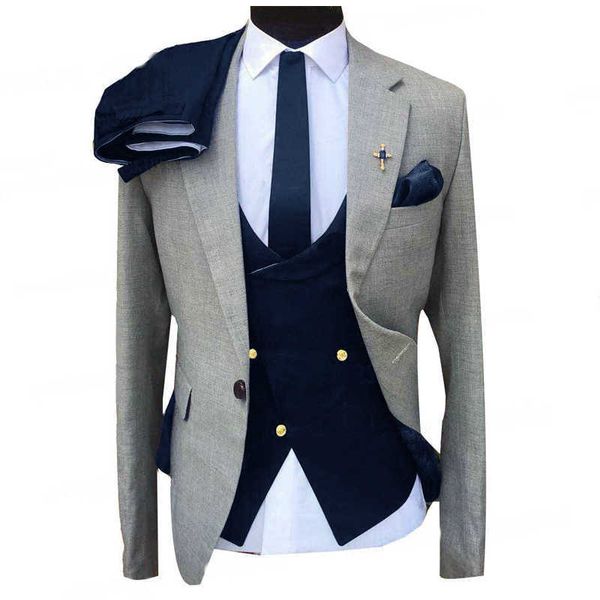 3 pièces Slim Fit Hommes Costumes pour mariage Double Breastedd Gilet Gris Veste avec Royal Blue Pantalon Groom Tuxedo Mode Cosatume X0909