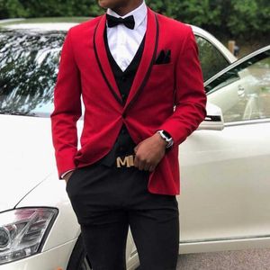 3 stuk slim fit mannen pakken voor bruiloft bruidegom smoking aangepaste Afrikaanse man mode kleding set rode jas vest met zwarte broek x0909