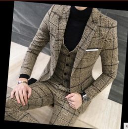 Costumes 3 pièces pour hommes, derniers modèles britanniques de manteau et de pantalon, bleu Royal, costume automne-hiver, épais, Slim Fit, robe de mariée à carreaux, Tuxedos