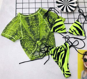 3 pièces maillot de bain femmes néon vert bikini femmes String micro bikini ensemble coupe haute maillot de bain nouveau 2020 Sexy push up maillots de bain