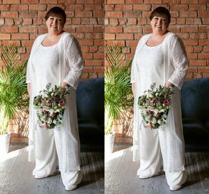 3 pièces blanc dentelle pantalon costumes mère de la mariée robes grande taille 2020 Scoop combinaison pantalons robe de soirée marié occasion spéciale robe