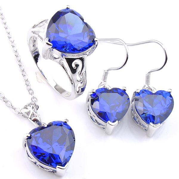 Luckyshine Mix 3Pcs / Lot Antique Cristal Feu Coeur Topaze Bleue Zircone Gems 925 Sterling Silver Wedding Pendentifs Boucle D'oreille Anneau Jewelr Set