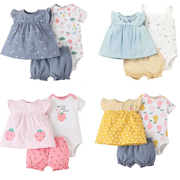 Conjuntos de ropa de 3 piezas para niñas, Body de algodón de verano, Tops y pantalones cortos, ropa suave súper bonita para bebés, trajes para niños M151BB