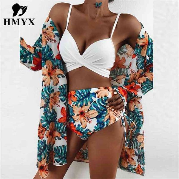 3 pièces Bikini Set Summer Suny Sangles Bra + Cardigan Tops Supports de bain Biquini Femmes Maillot de bain Imprimé décontracté Bikinis Maillot de bain 210702