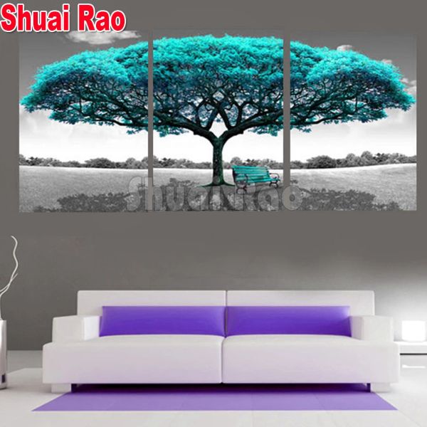 3 pièces Blee Big Tree Diamond Painting Triptych Diamond Broidery Mosaic Set Chair Pictures Full Square / Round Force,