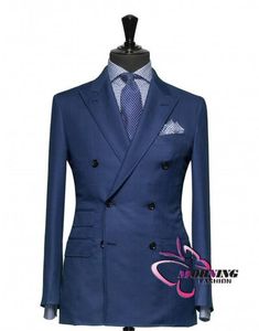 Blue Pak Bruidegom Tuxedos Double-Breasted Peaked Revertus Blazer Business Suits GroomsMen Heren Trouwpak (Jas + Broek + Tie) NO: 04