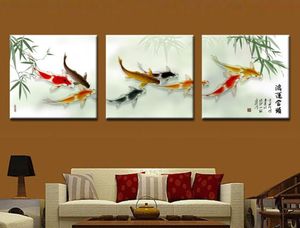 3 stuks Coudros Home Decoratie Gedrukt op Canvas Wall Art Chinese kalligrafie Koi Fish Bamboo Picture For Living Room6067207