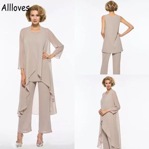 3 stuks elegante chiffon moeder van de bruid jurken pakken met lange mouw jas cape full lengte broek zomer bruiloft moeder formeel feest slijtage eenvoudige cl0820