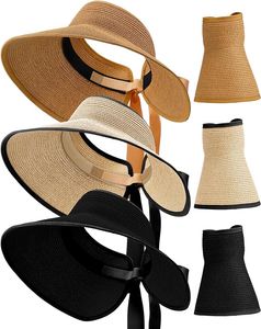 Chapeau de soleil en paille pliable 3 pièces, chapeau de soleil à larges bords de protection solaire, chapeau de plage réglable pour femmes.Kaki, noir, marron trois couleurs pour un paquet.
