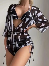 3 stuks Halter Bikini Tropische Print Badpak Trekkoord Zijkant Badmode Dames Badpak met lange mouwen Vrouwelijke zwemkleding 240309
