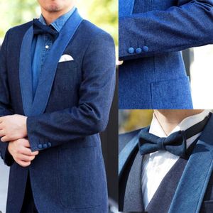 3 Stuks Heren Pakken Smoking Blauw Denim Sjaal Revers Aangepast Formaat Flit Formeel Pak Single Breasted 2 Zakken Jas + Vest + Broek