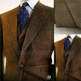 3 piezas Suits para hombres Tweed Herringbone Fit Business Cauasl Chaitcoat Groomsmen de boda Suitsblazervestpants 240430