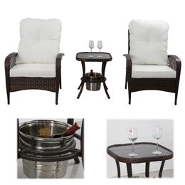 Ensembles de meubles de patio 3 pièces, ensemble bistro de conversation en osier avec coussin doux, table en verre avec seau à glace, ensembles de meubles de patio extérieur toutes saisons