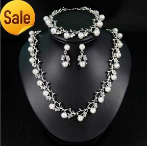 3 pièces perles bijoux de mariage argent et or cristal clavicule chaîne collier ensemble bijoux de mariée luxe bracelets collier boucles d'oreilles