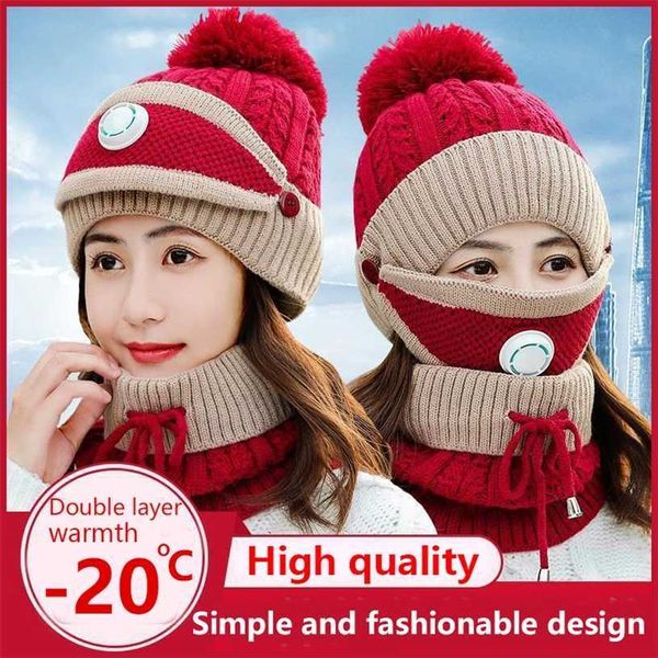 3 pièces ensemble femmes tricoté chapeau écharpe casquettes cache-cou hiver pour dames filles Skullies bonnets chaud polaire 211229