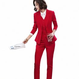 3 pièces ensemble femmes gilet blazer veste et pantalon costume bureau dame formelle busin travail carrière porter des vêtements rouge noir uniforme S-5XL f9V0 #