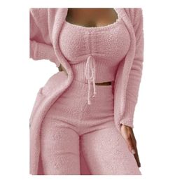 3 pezzi Solid Sleepwear Donna Autunno Velluto Lace Up Crop Top Pantaloni lunghiCardigan Cappotto Moda Comodo Pigiama Homeswear 231226