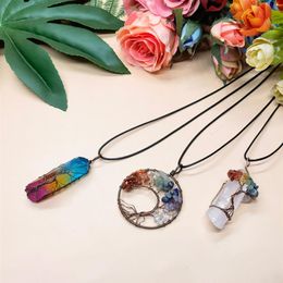 Pendentif arbre de vie, 3 pièces, collier en cristal de Quartz, pierres précieuses Chakra, fil de cuivre et d'argent enveloppé 2563