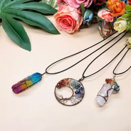 Pendentif arbre de vie, 3 pièces, collier en cristal de Quartz, pierres précieuses Chakra, fil de cuivre et d'argent enroulé 2039