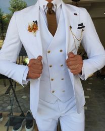 3 Stuks Wit Heren Pak Revers Slim Fit Casual Tuxedos Bruidegom Tailor Made Terno Masculino BlazerPantsVest 240125