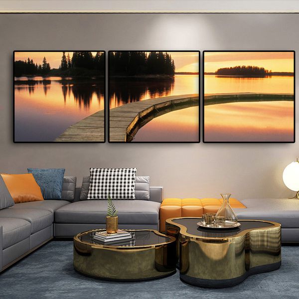 3 avión árbol puente puesta de sol lago de madera paisaje carteles e impresiones lienzo pintura escandinava pared arte imagen para sala de estar