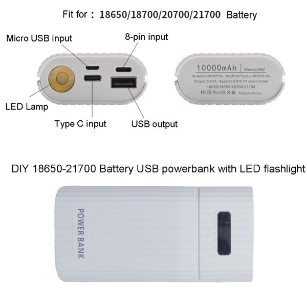 Boîte de kit de banque d'alimentation USB de bricolage à 3 ports Boîte de banque d'alimentation 18650 20700 21700 Chargeur de batterie avec lampe de poche LED pour tablette de téléphone portable