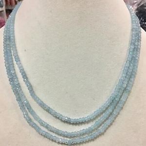 Collier de perles aigue-marine pour le visage, 3 rangées, 2x4mm, nouveau, authentique, 17-19 pouces