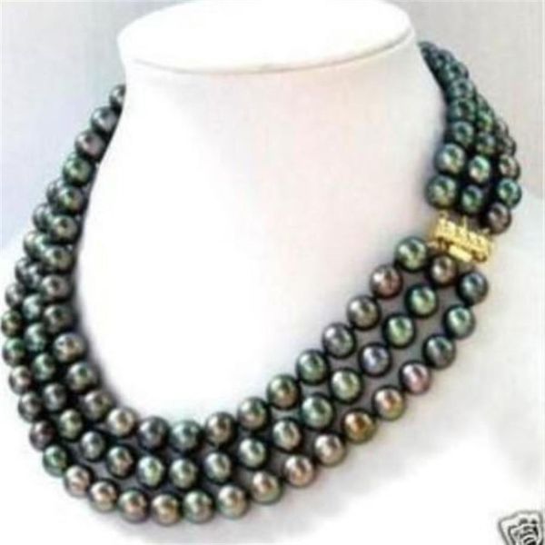 Collier de perles Akoya noires 3 rangs 7-8MM 17-19 pouces208T