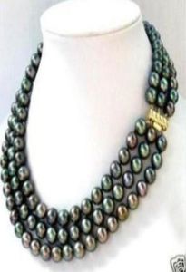 3 rij 78 mm zwart Akoya parel ketting 1719inch01234565823960