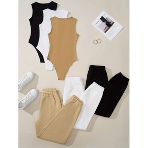 3 sets effen tweedelige sets, geribbelde tankbodysuit met ronde hals, joggingbroek met elastische taille, dameskleding